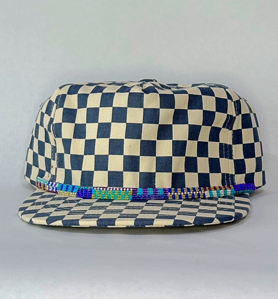 blue checkerboard flat brim hat - cool band