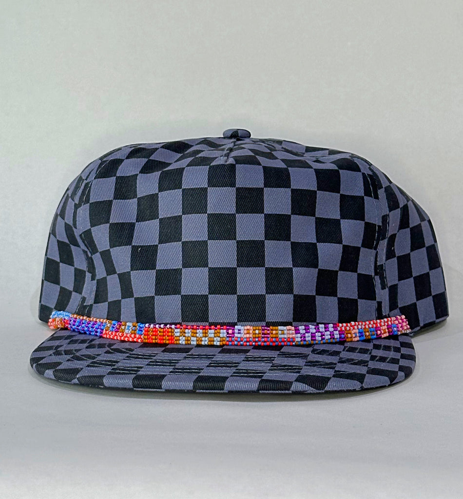 blue tonal checkerboard flat brim hat - warm band