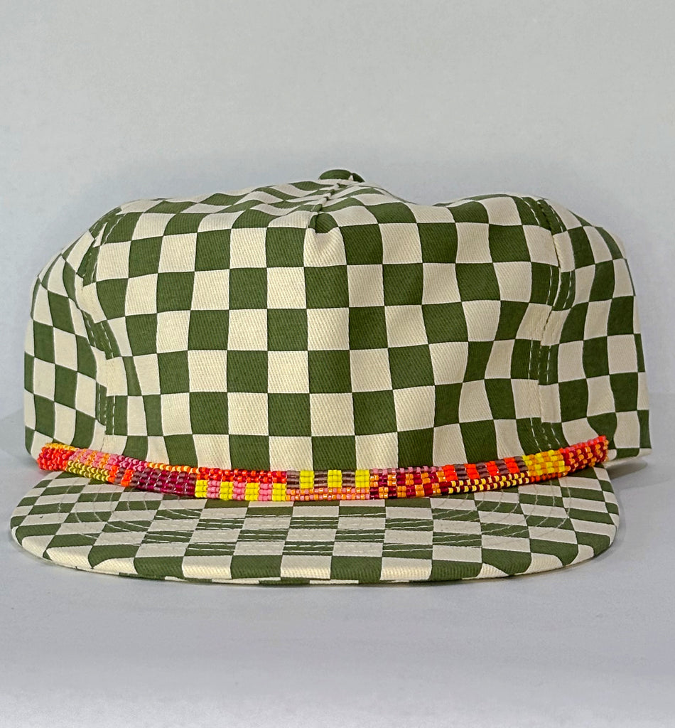 green checkerboard flat brim hat - bright band
