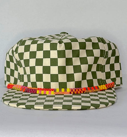 green checkerboard flat brim hat - bright band