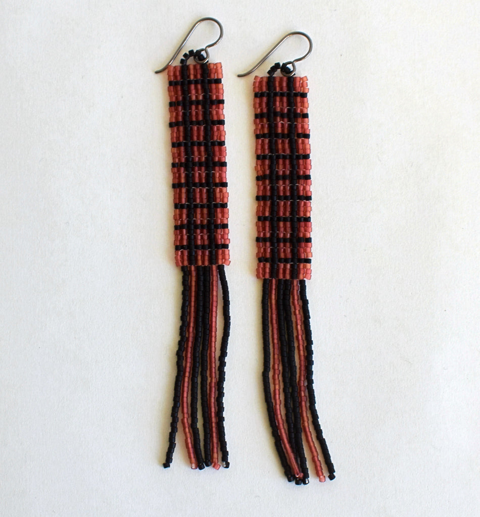 windowpane fringe earrings - brown