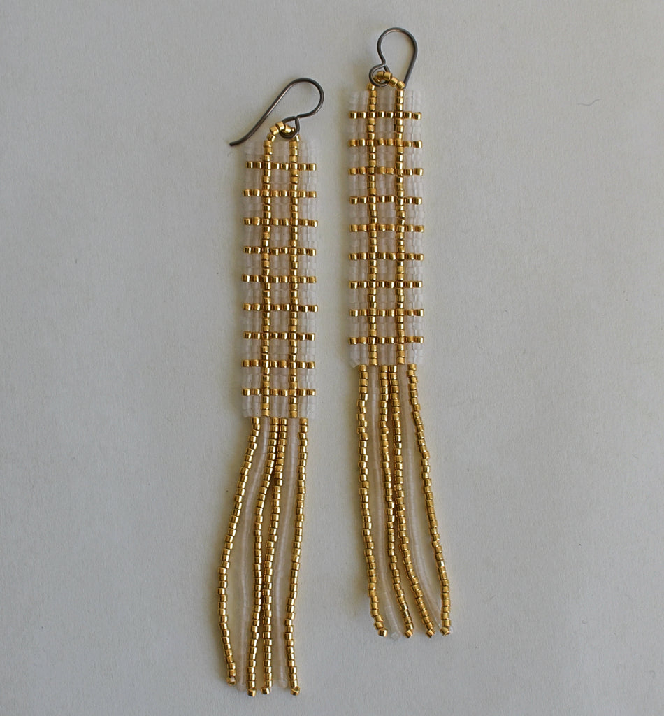 windowpane fringe earrings - frost