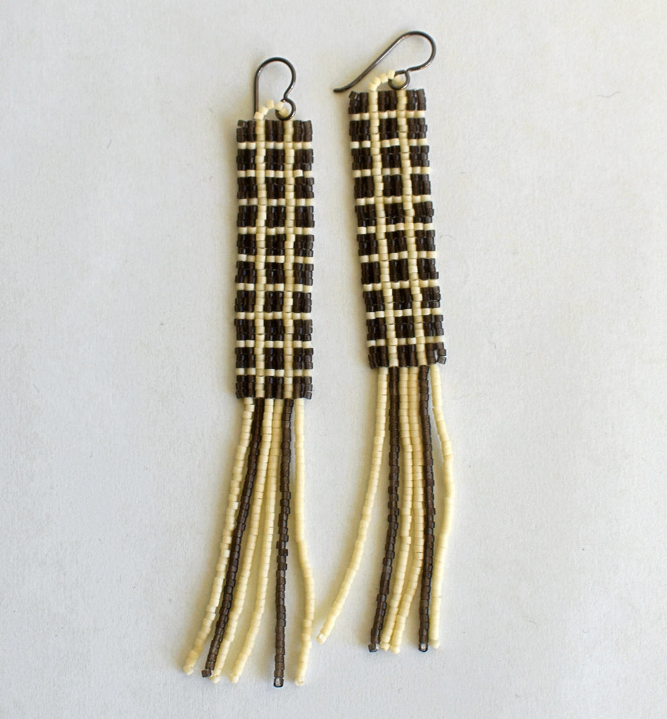 windowpane fringe earrings - grey