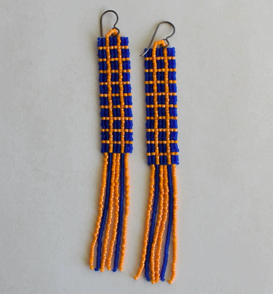 windowpane fringe earrings - indigo