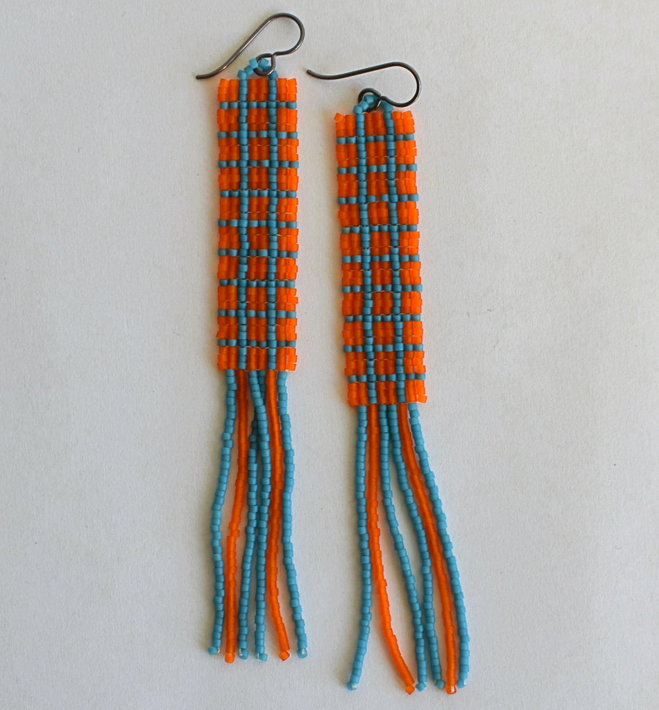 windowpane fringe earrings - orange