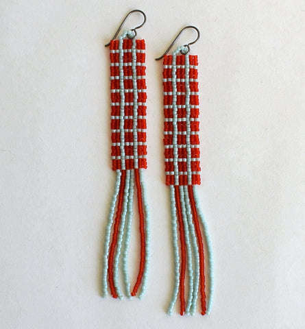 windowpane fringe earrings - red