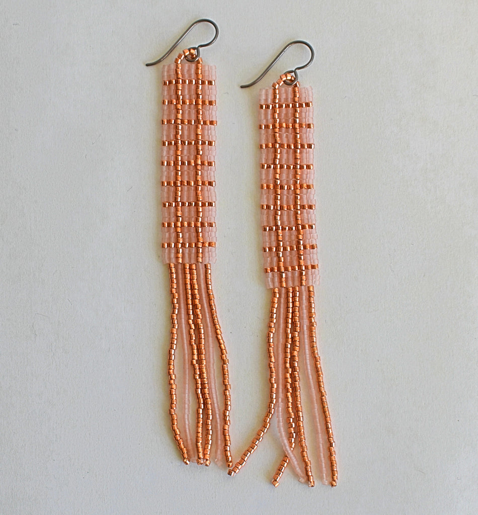 windowpane fringe earrings - soft pink