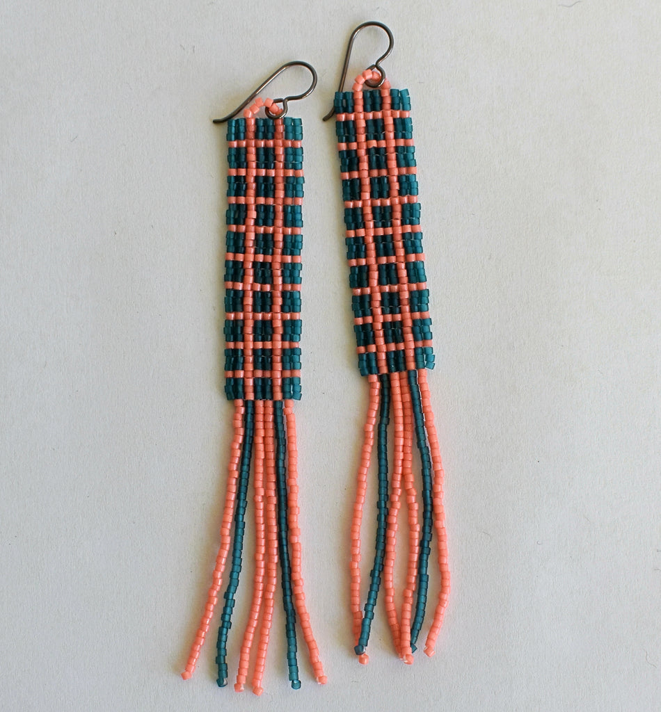 windowpane fringe earrings - teal