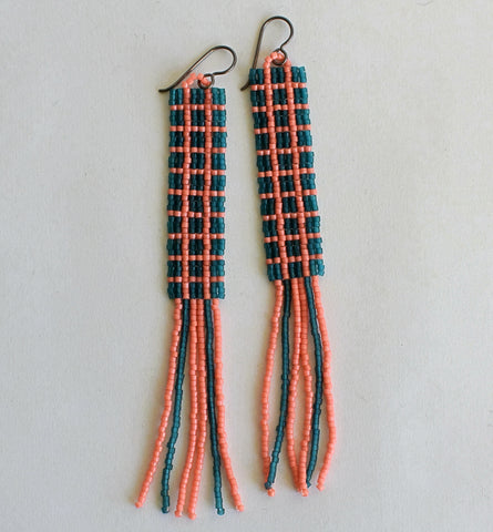 windowpane fringe earrings - teal