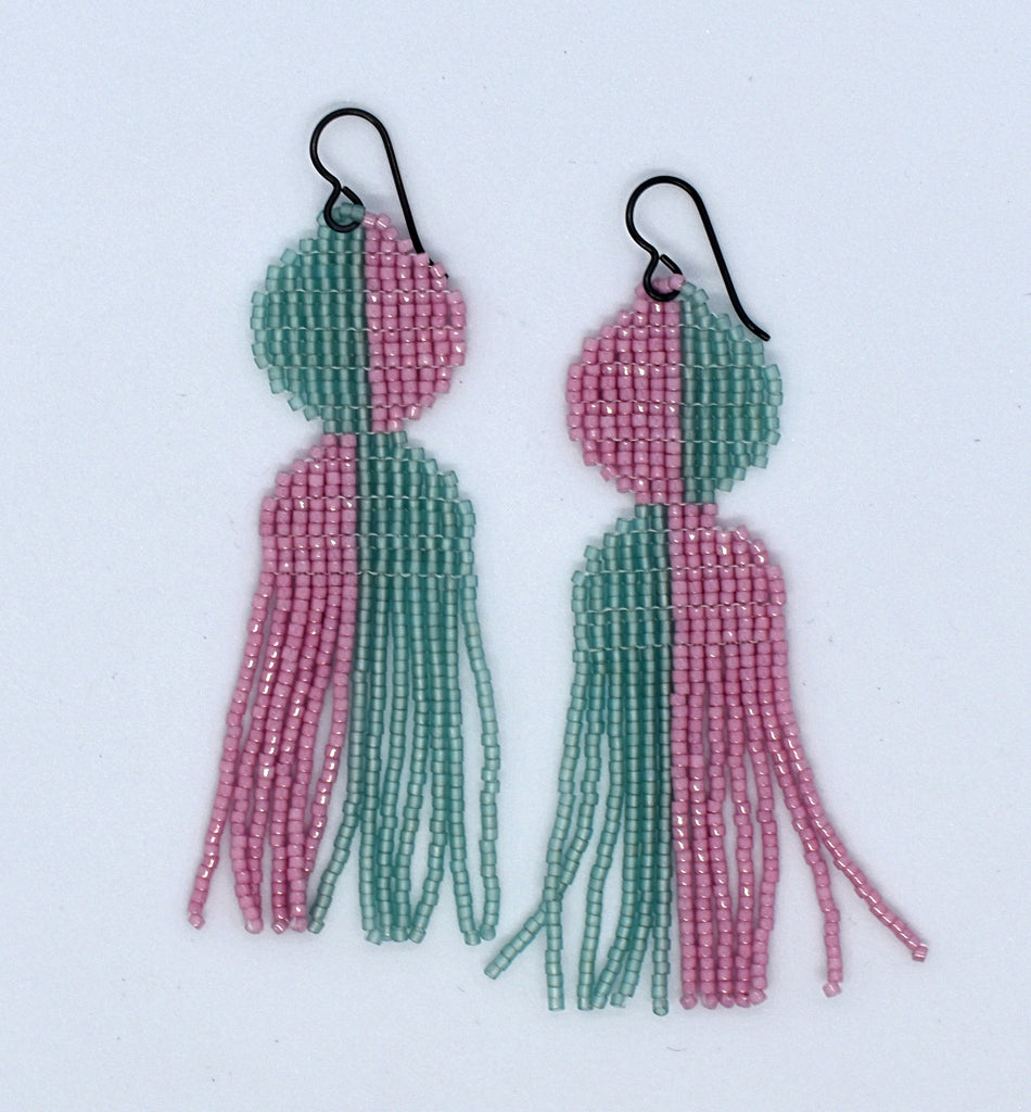 arc fringe earrings - purple, green