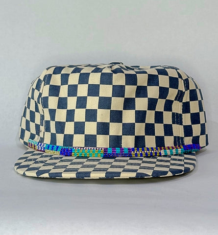 blue checkerboard flat brim hat - cool band