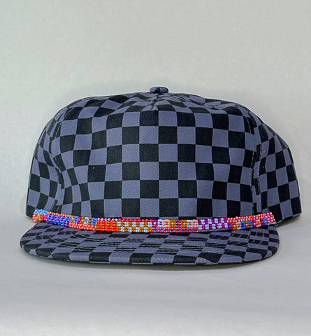 blue tonal checkerboard flat brim hat - warm band