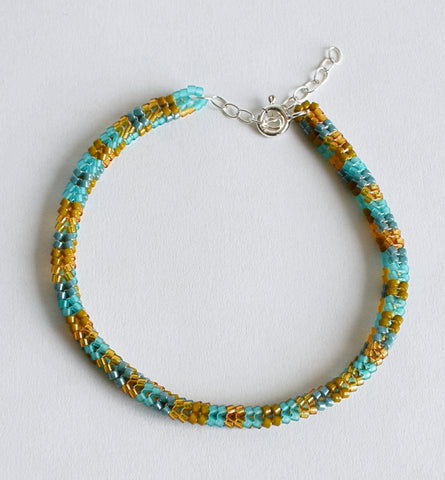 narrow check rope bracelet - teals and browns