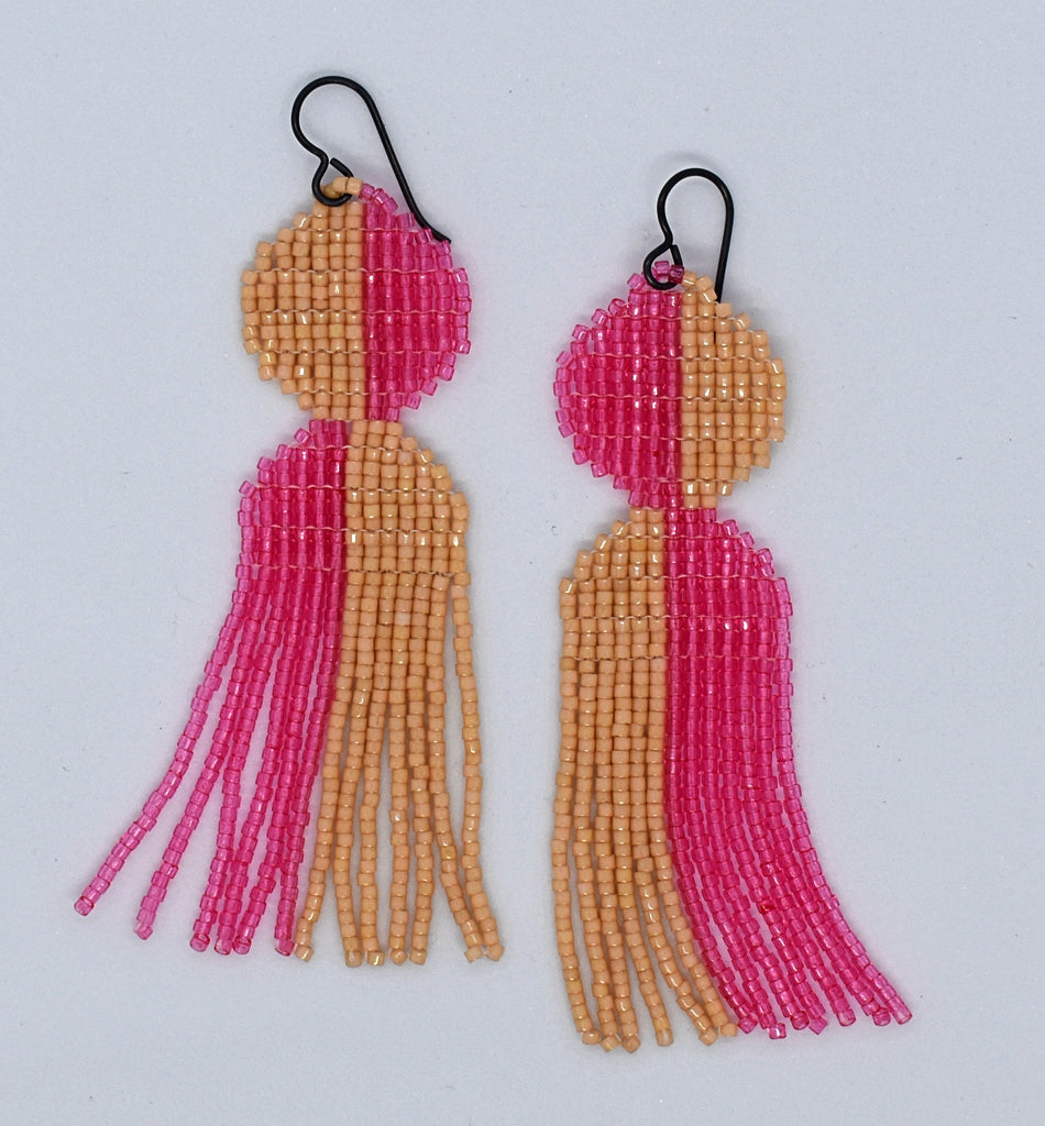 arc fringe earrings - pink, tan
