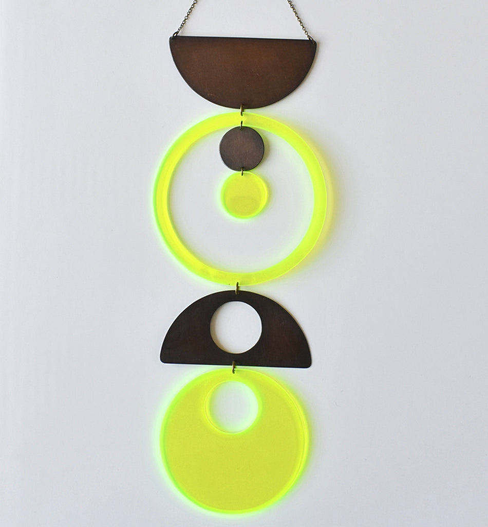 circle play wall hanging - neon yellow and oxidized copper