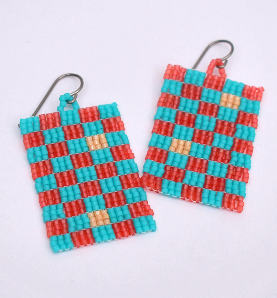 Checkerboard Earrings - Turquoise and red
