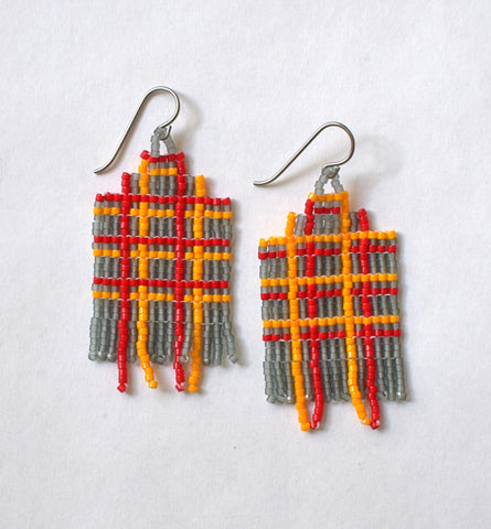 Plaid fringe earrings - grey, orange, red