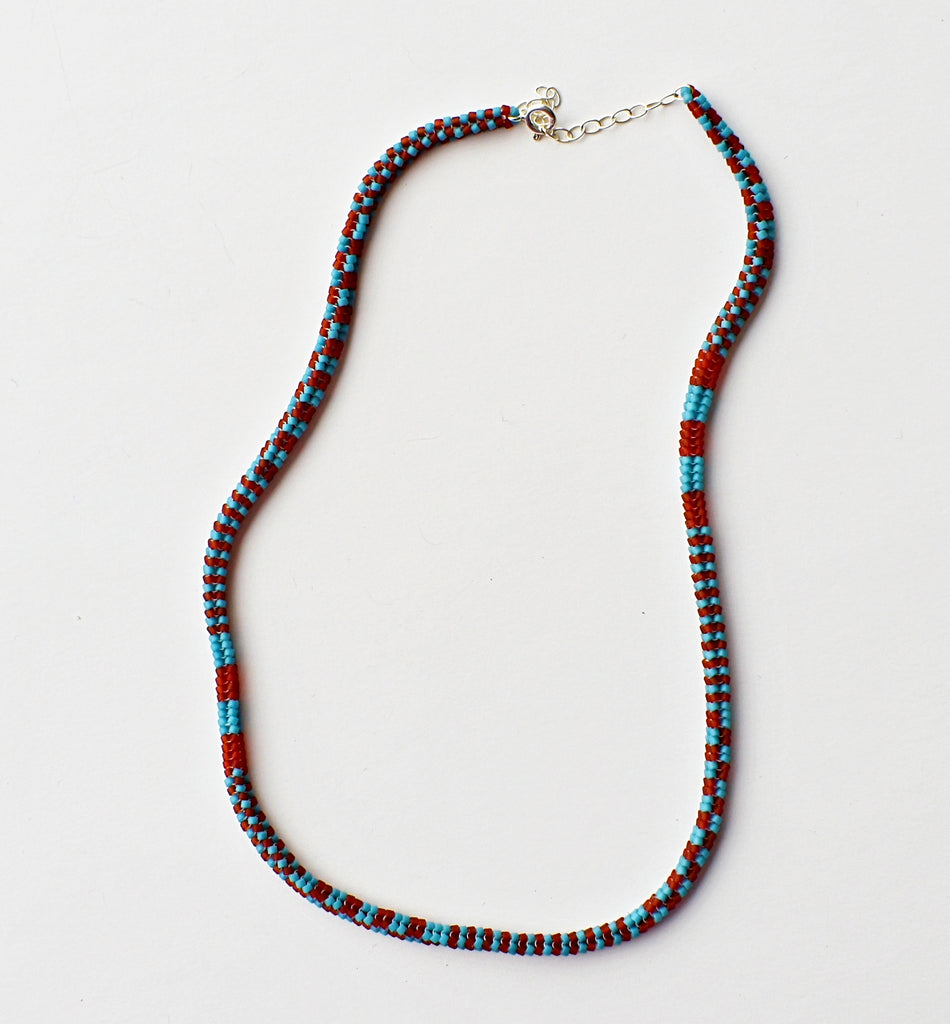 narrow patterns necklace - red and turquoise